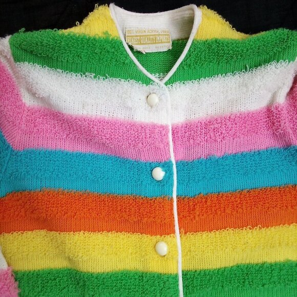Finest Quality Imports Sweaters - Vintage 70s Finest Quality Imports Rainbow Stripe Cardigan Sweater